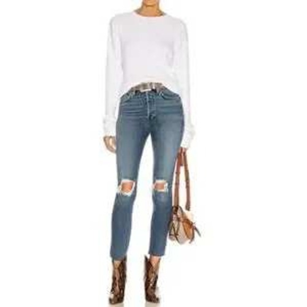 RE/DONE High Rise Rigid Stovepipe Jeans Blue‎ Distressed Knee Raw Hem Womens 27